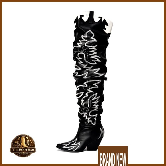 Women's Knee-High Western Boots Chunky Heel Faux Leather Size 8